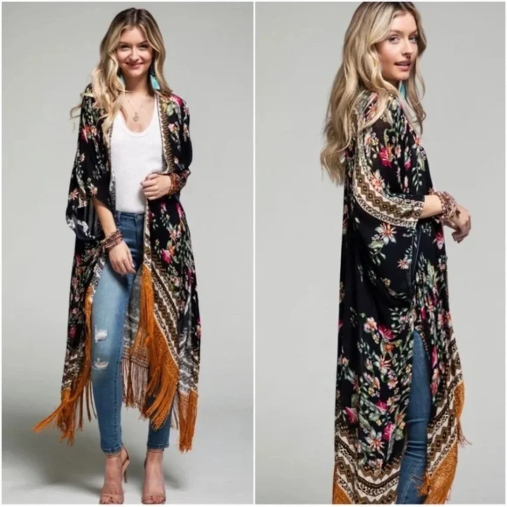 Boho Floral Geo Print Tassel Open Front Kimono Cover up - Picture 2 of 2